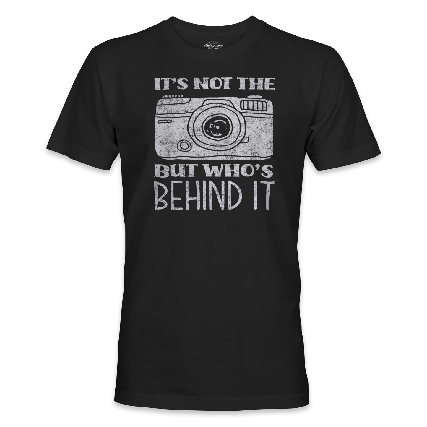 Black t-shirt with a camera graphic and text on a white background