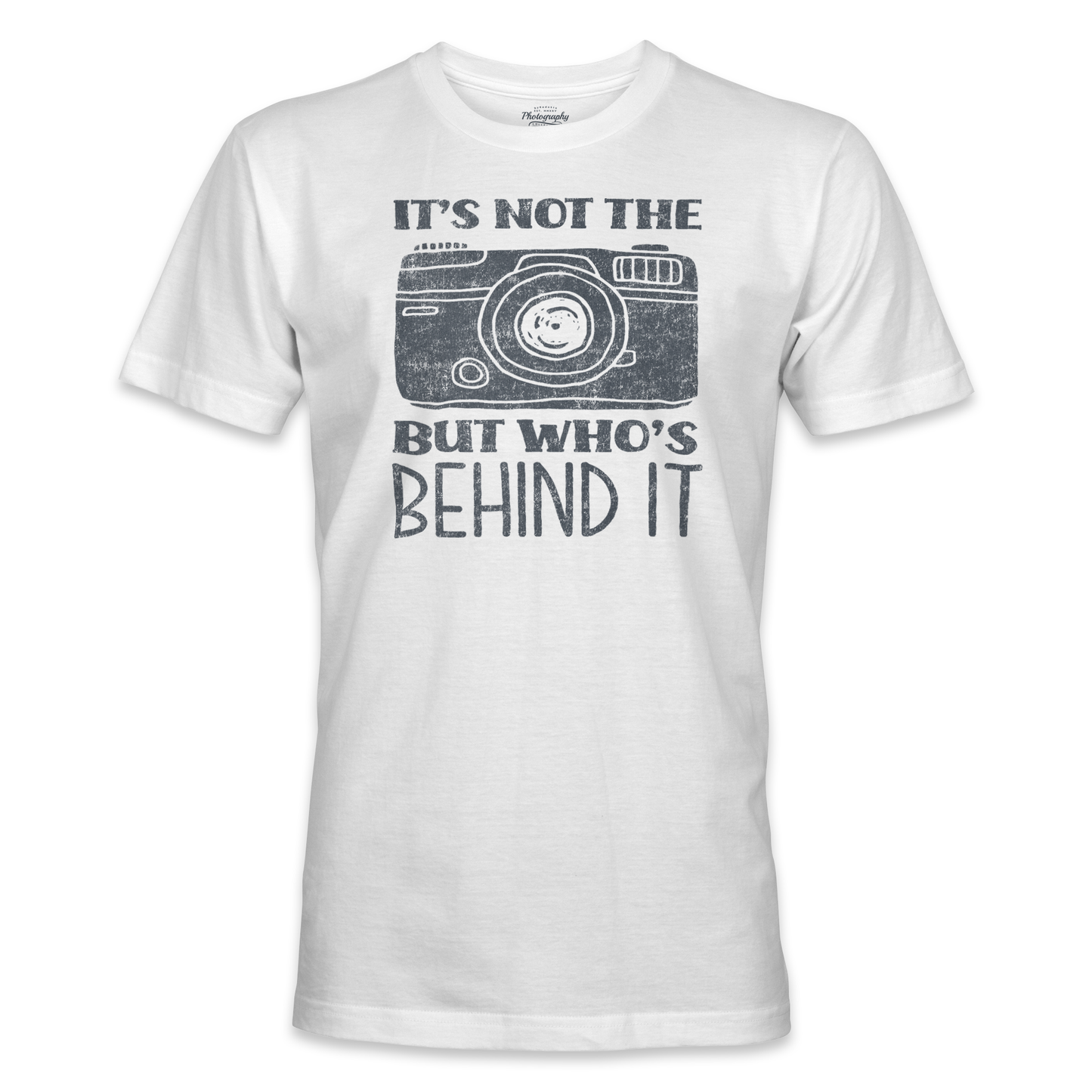 White t-shirt with black camera graphic and text on a white background