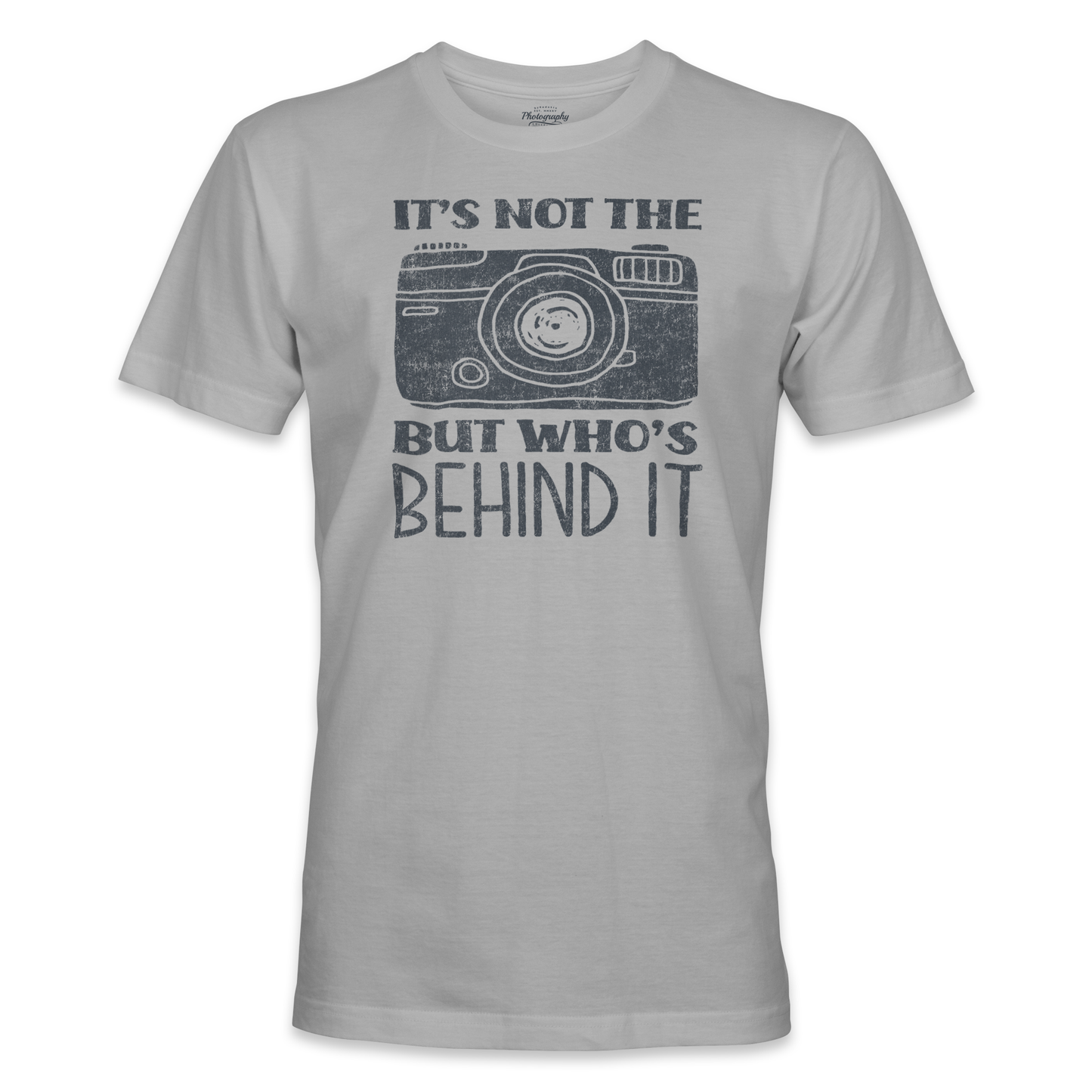 Sport Gray t-shirt with camera graphic and text on a white background