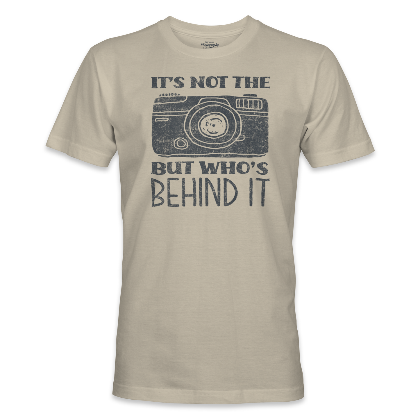 Sand t-shirt with camera graphic and text on a white background