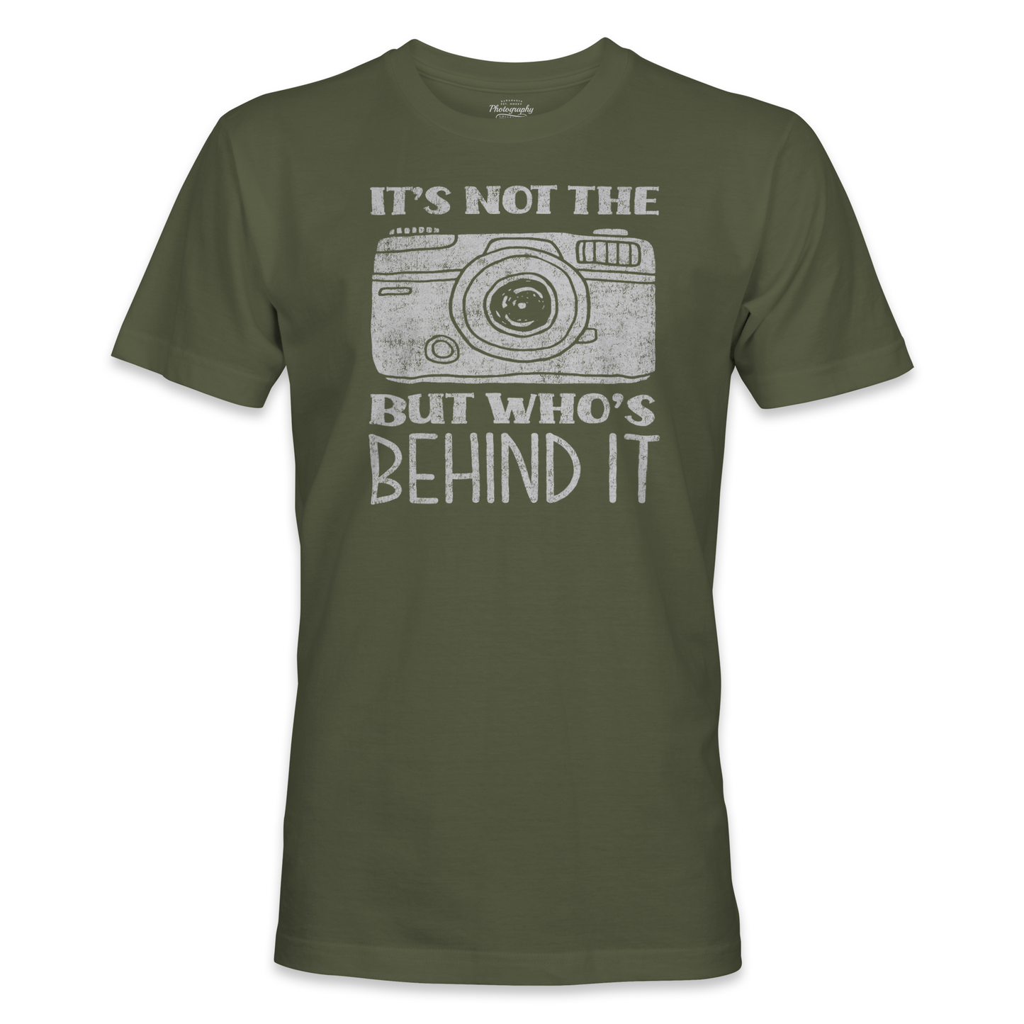 Military Green t-shirt with a camera graphic and text on a white background