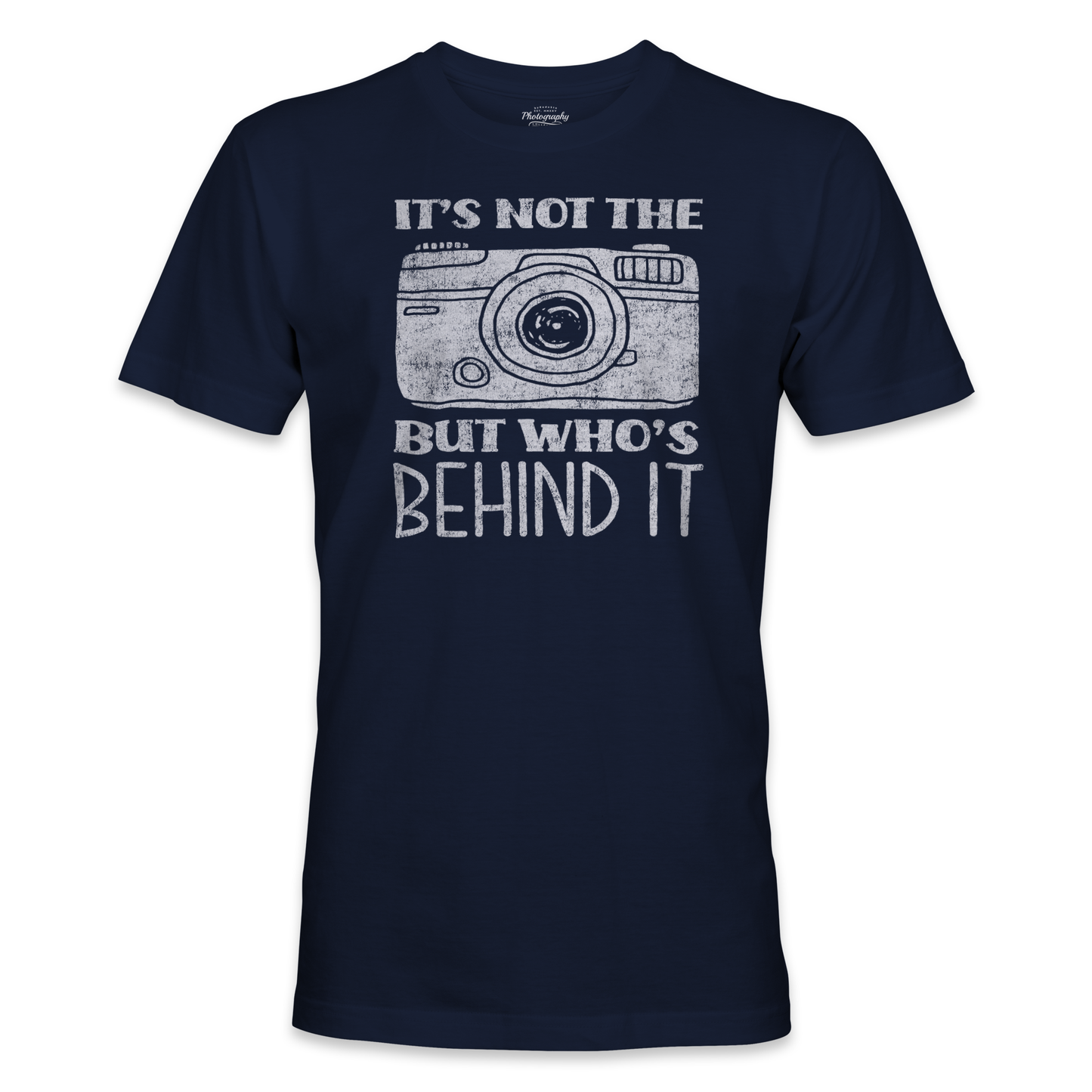Navy blue t-shirt with white graphic and text on a white background