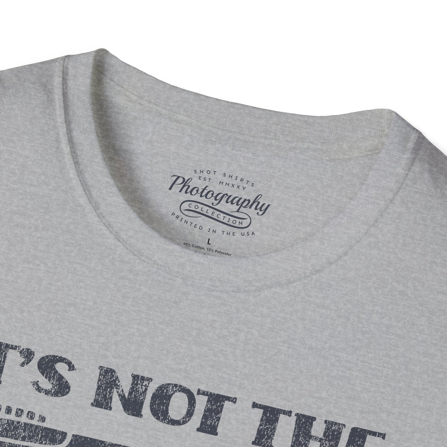 Gray t-shirt with text and branding on a white background