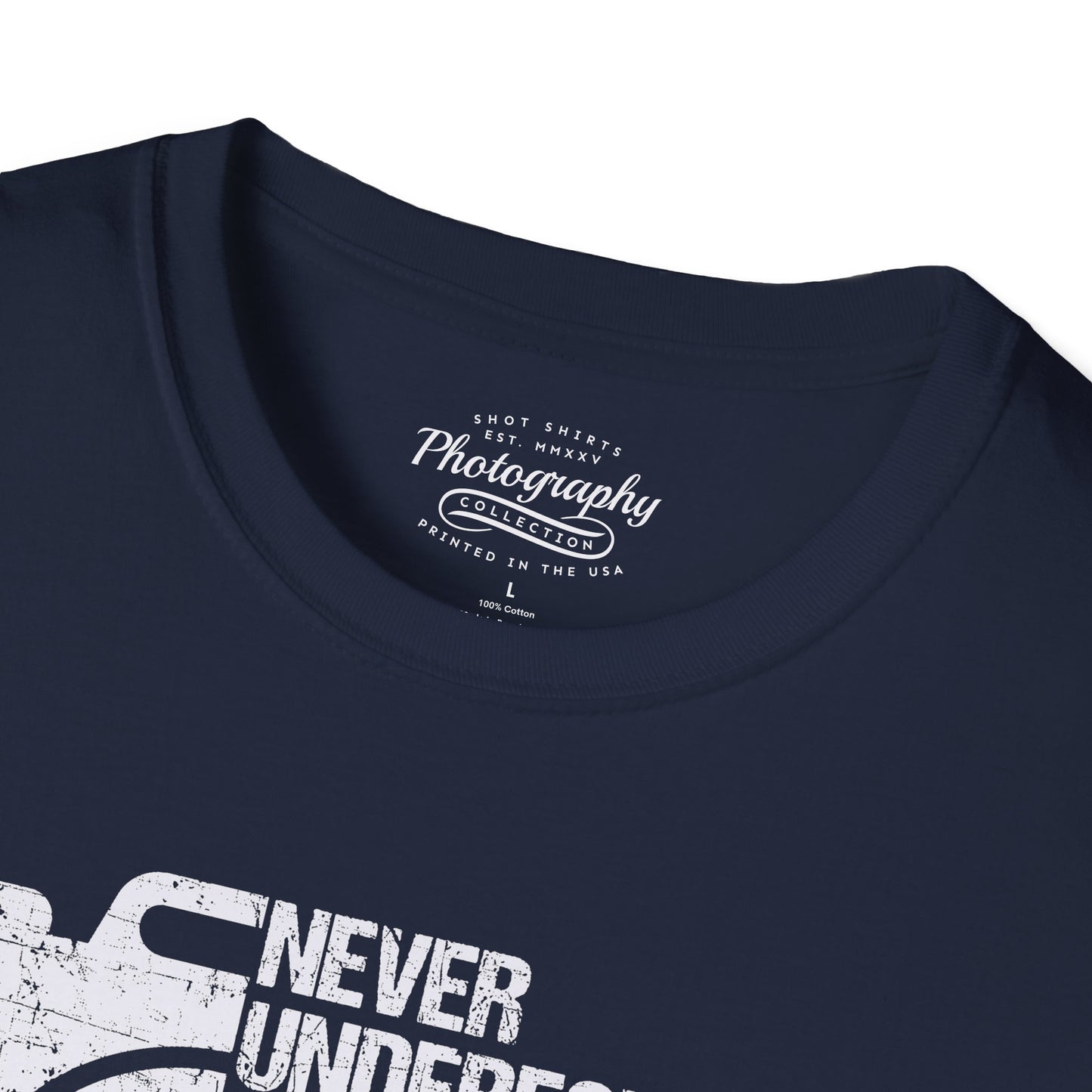 Navy blue t-shirt with white graphic design and text on a white background