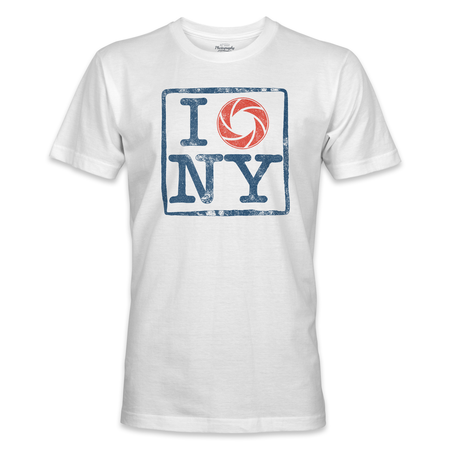 White t-shirt with 'I shoot NY' design on a white background