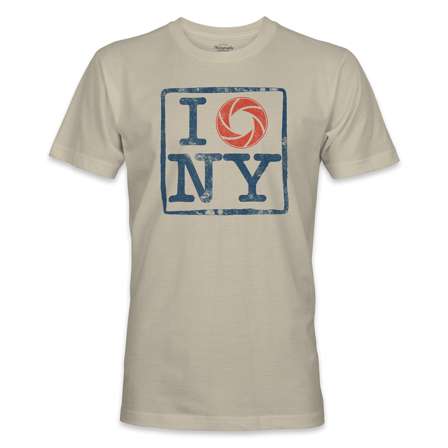 Sand t-shirt with 'I shoot NY' graphic design on a white background