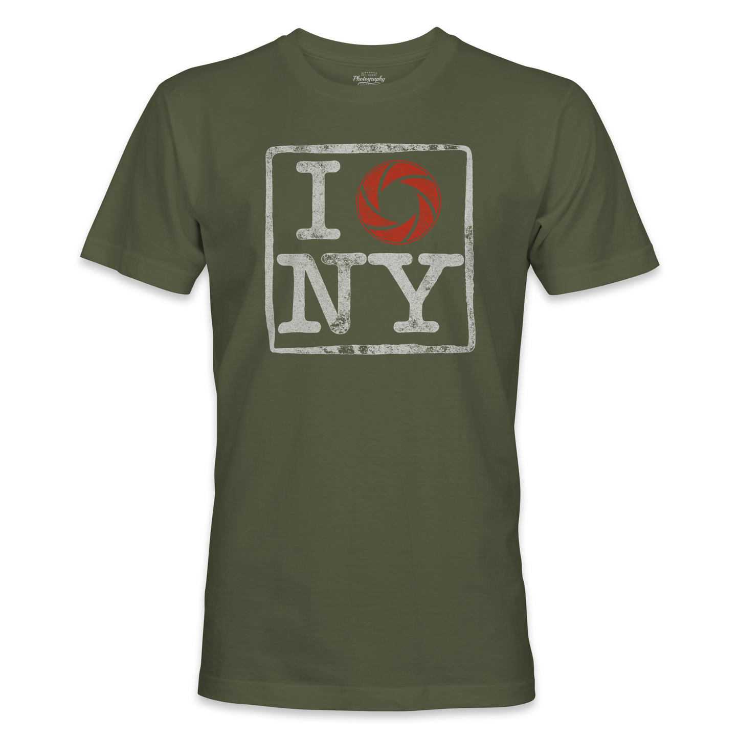 Military Green t-shirt with 'I shoot NY' design on a white background