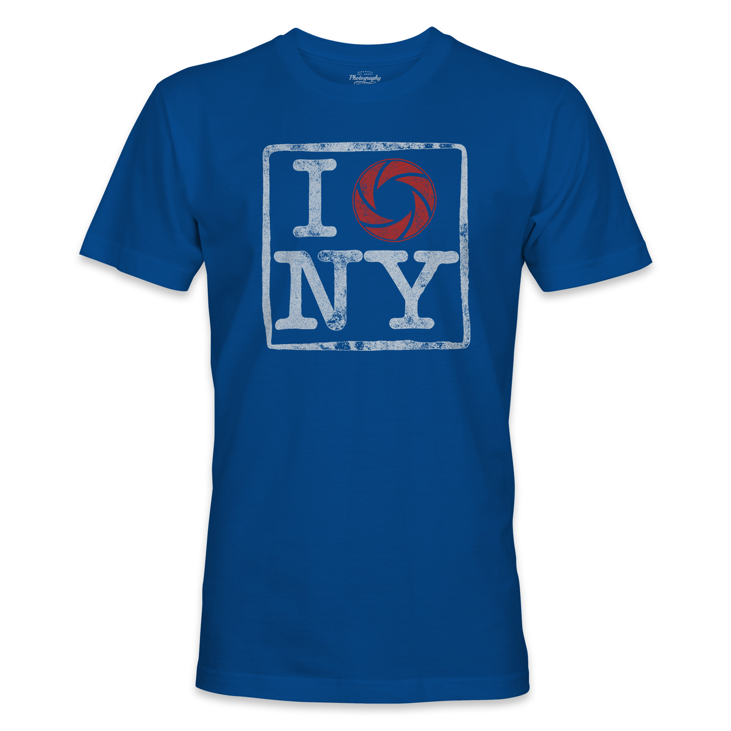 Royal blue t-shirt with 'I shoot NY' graphic design on a white background