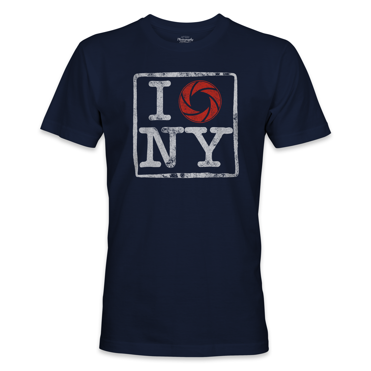 Navy blue t-shirt with 'I shoot NY' graphic on a white background