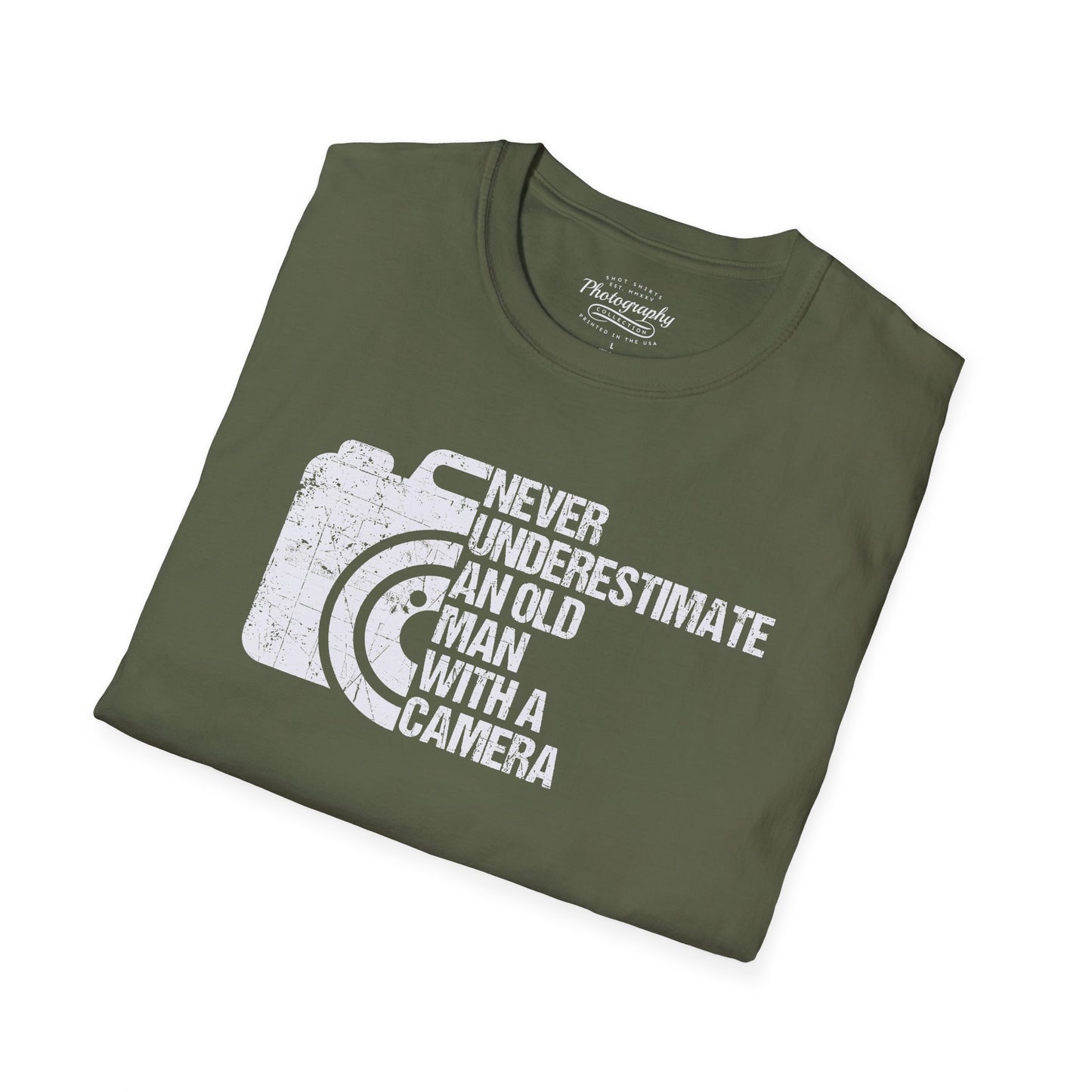 Folded green t-shirt with white graphic and text on a white background