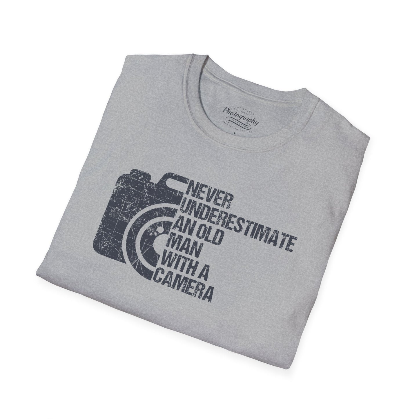Gray t-shirt with camera graphic and text on a white background