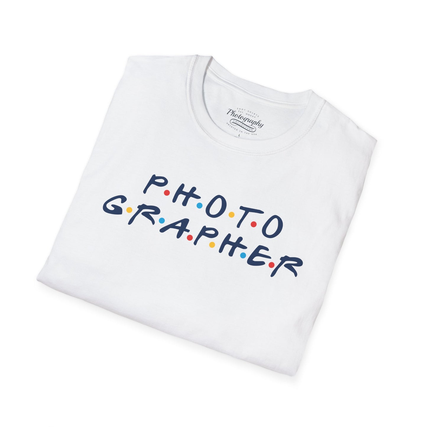 White t-shirt with 'PHOTOGRAPHER' text on a white background