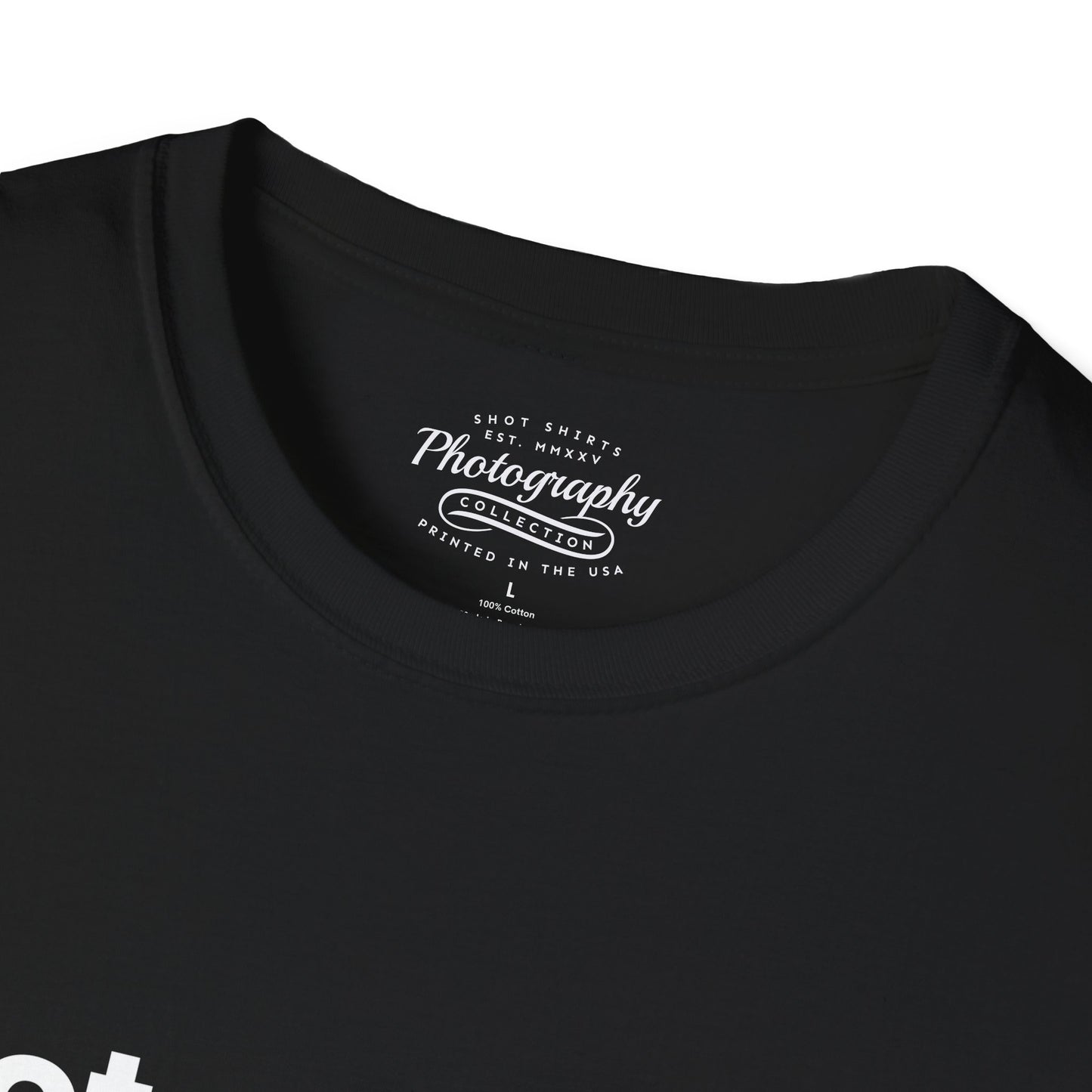 Black t-shirt with white text on the collar