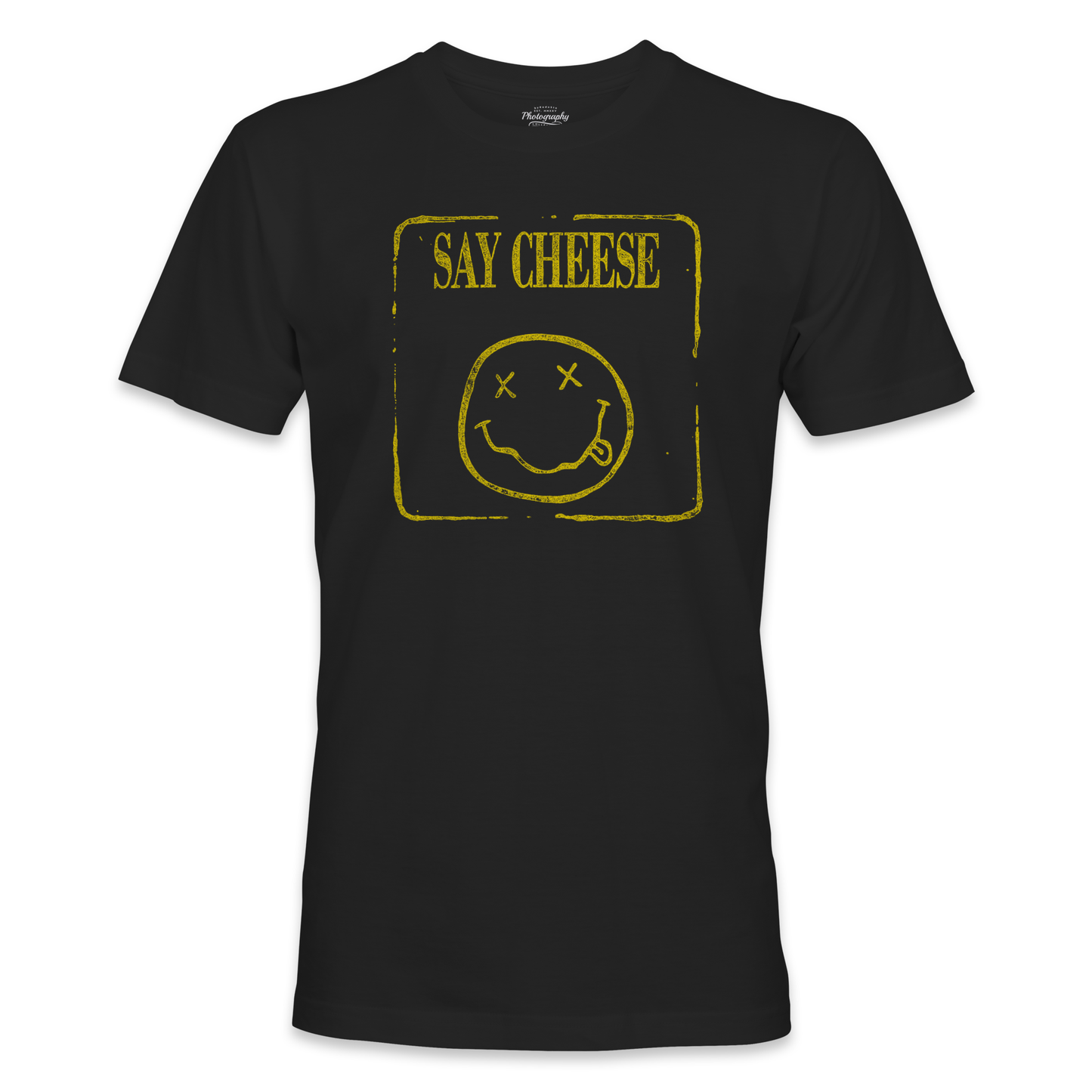 Black t-shirt with yellow 'Say Cheese' graphic on a white background