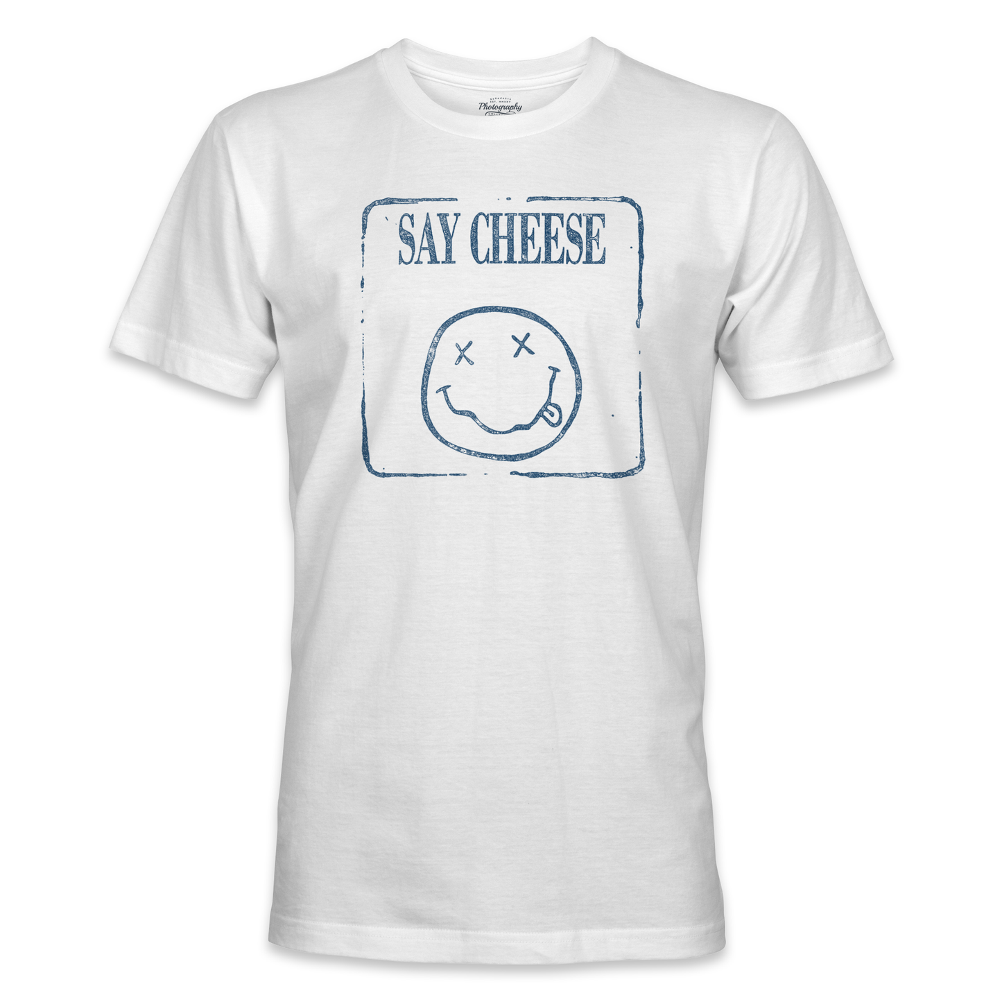 White t-shirt with blue smiley face graphic and 'Say Cheese' text on a white background