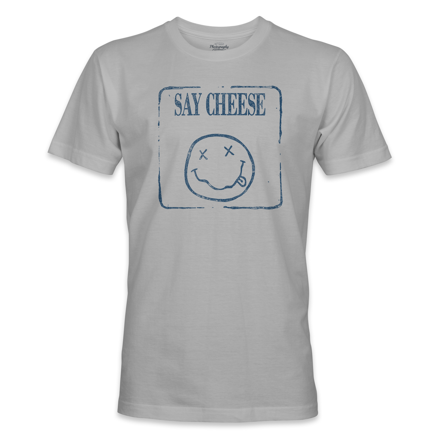 Sport Gray t-shirt with blue smiley face and 'Say Cheese' text on a white background