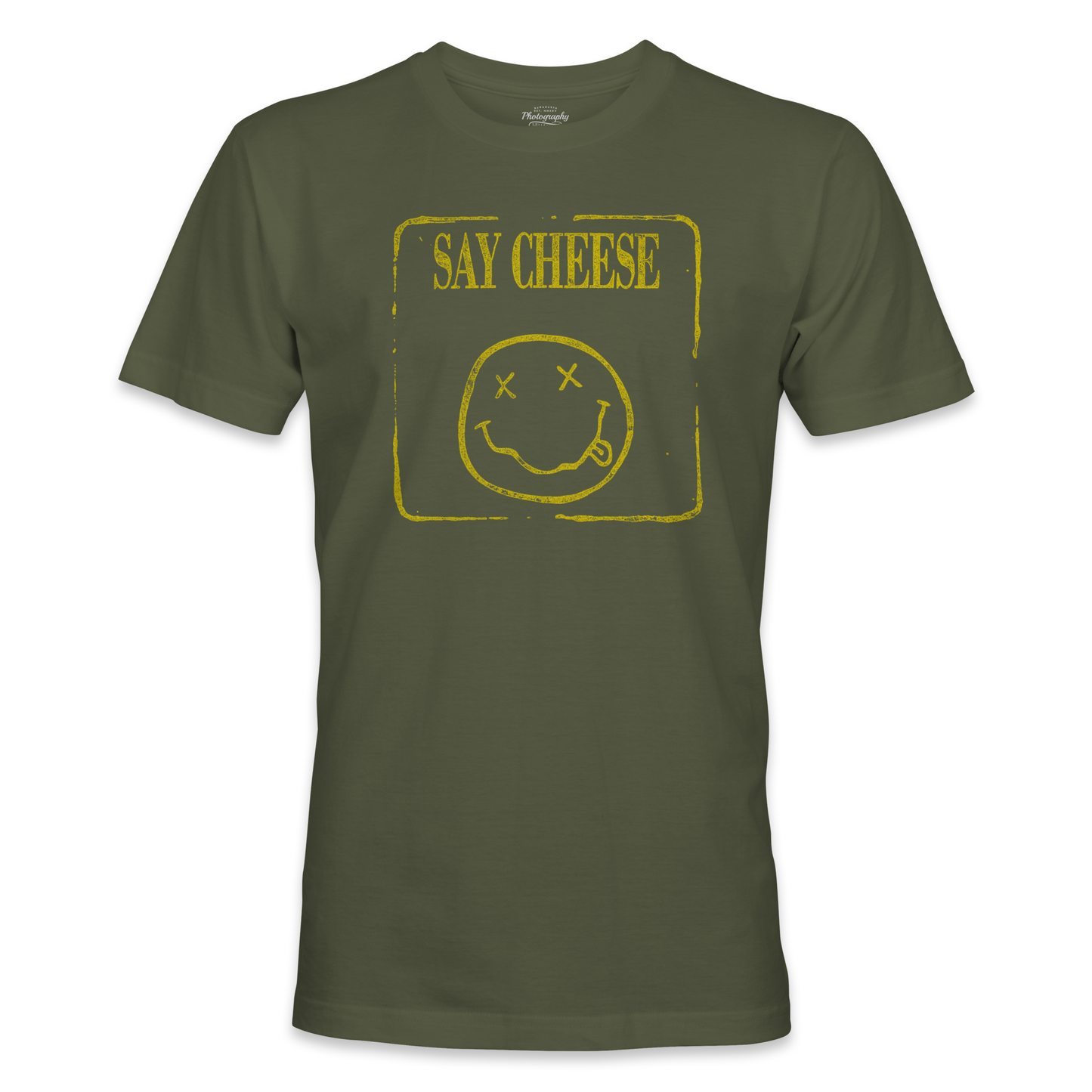 Military Green t-shirt with yellow smiley face and 'Say Cheese' text on a white background