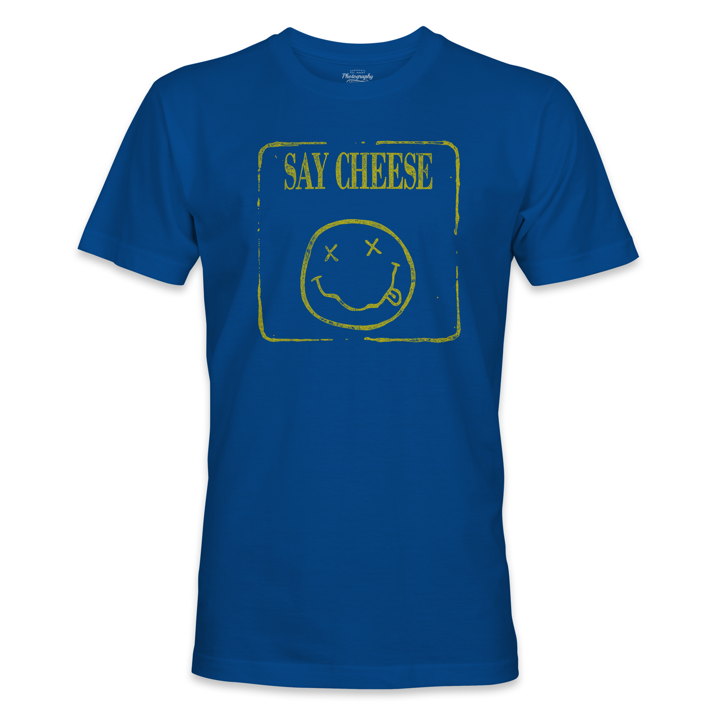 Royal blue t-shirt with yellow smiley face and 'Say Cheese' text on a white background