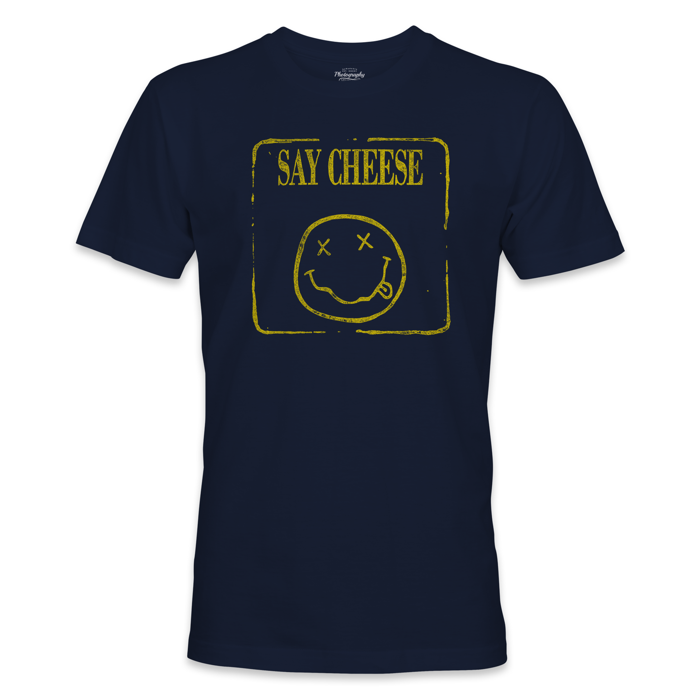 Navy blue t-shirt with yellow smiley face and 'Say Cheese' text on a white background