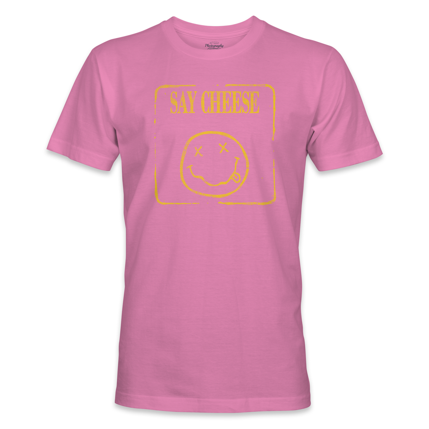 Azalea t-shirt with yellow graphic and text 'SAY CHEESE' on a white background