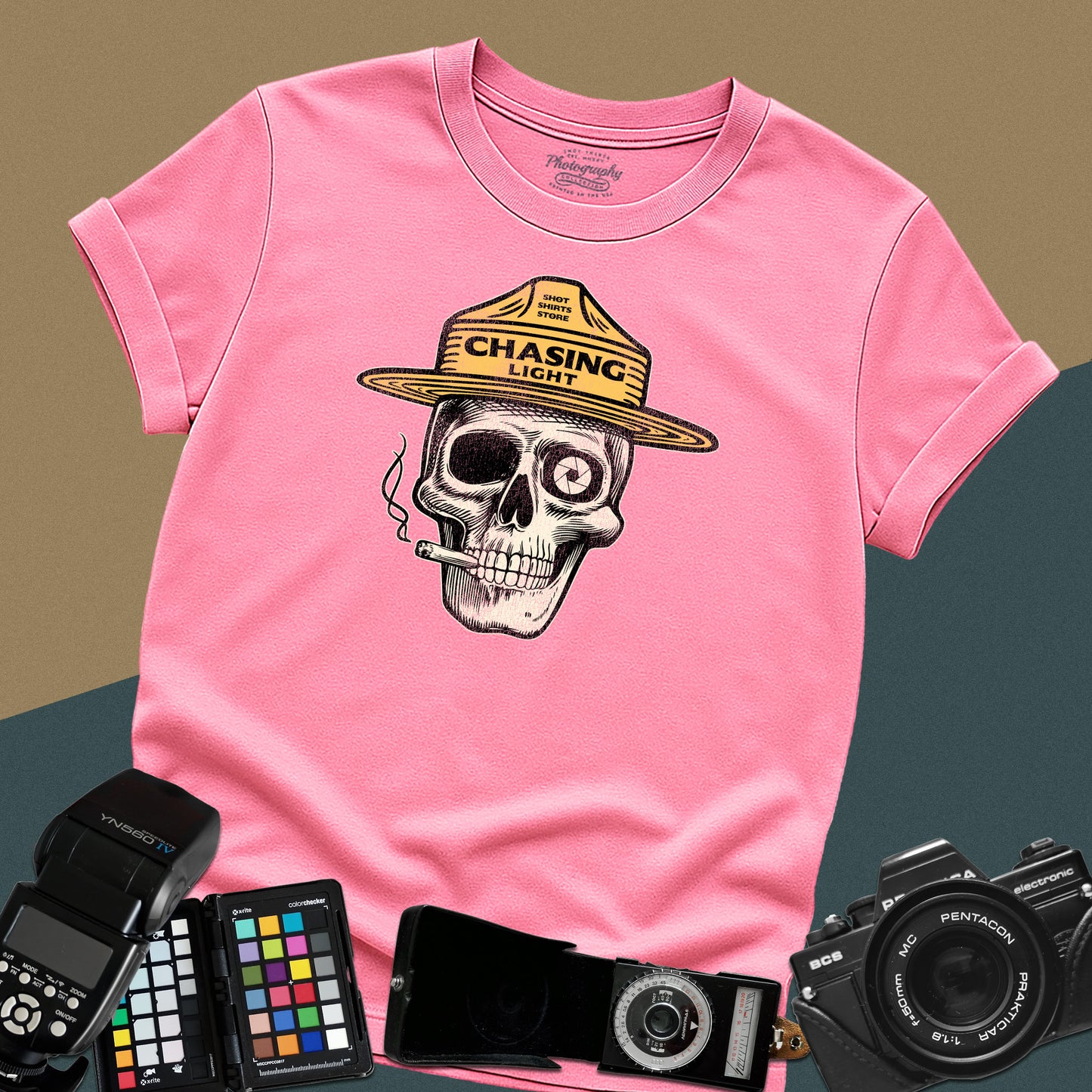 Vintage azalea graphic t-shirt featuring a skull wearing a park ranger hat with the text "Chasing Light" for landscape photographers.