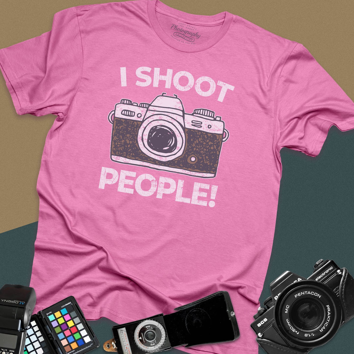 Distressed azalea t-shirt featuring a vintage SLR camera graphic with bold text I Shoot People for professional portrait and street photographers.