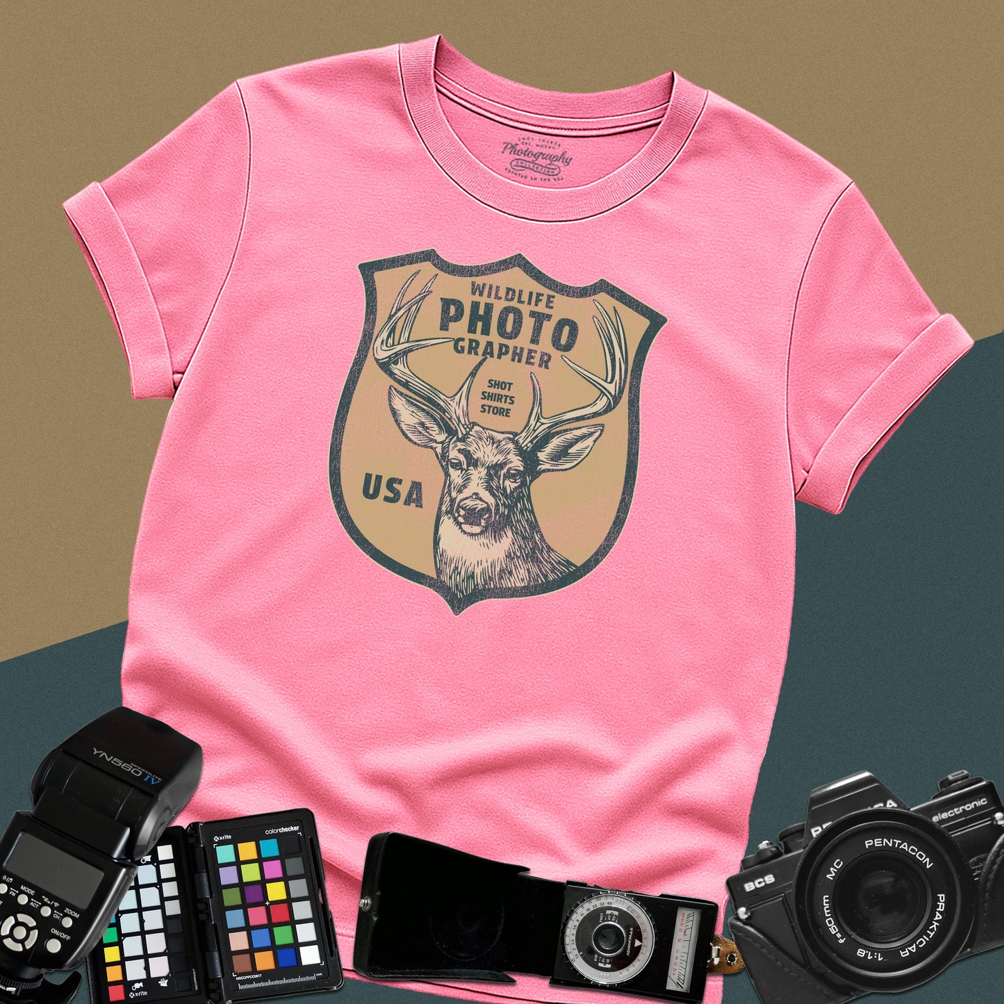Vintage azalea graphic t-shirt featuring a retro emblem with a deer and the text "Wildlife Photographer USA" for nature shooters.