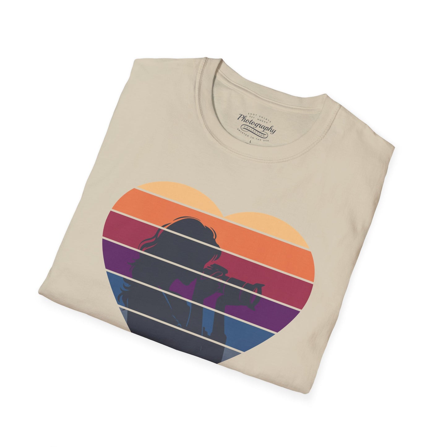 0044. Girl Photographer Silhouette Retro Sunset Heart Unisex T-Shirt
