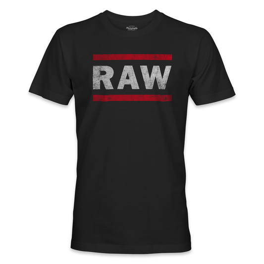 Black t-shirt with 'RAW' printed on it against a white background