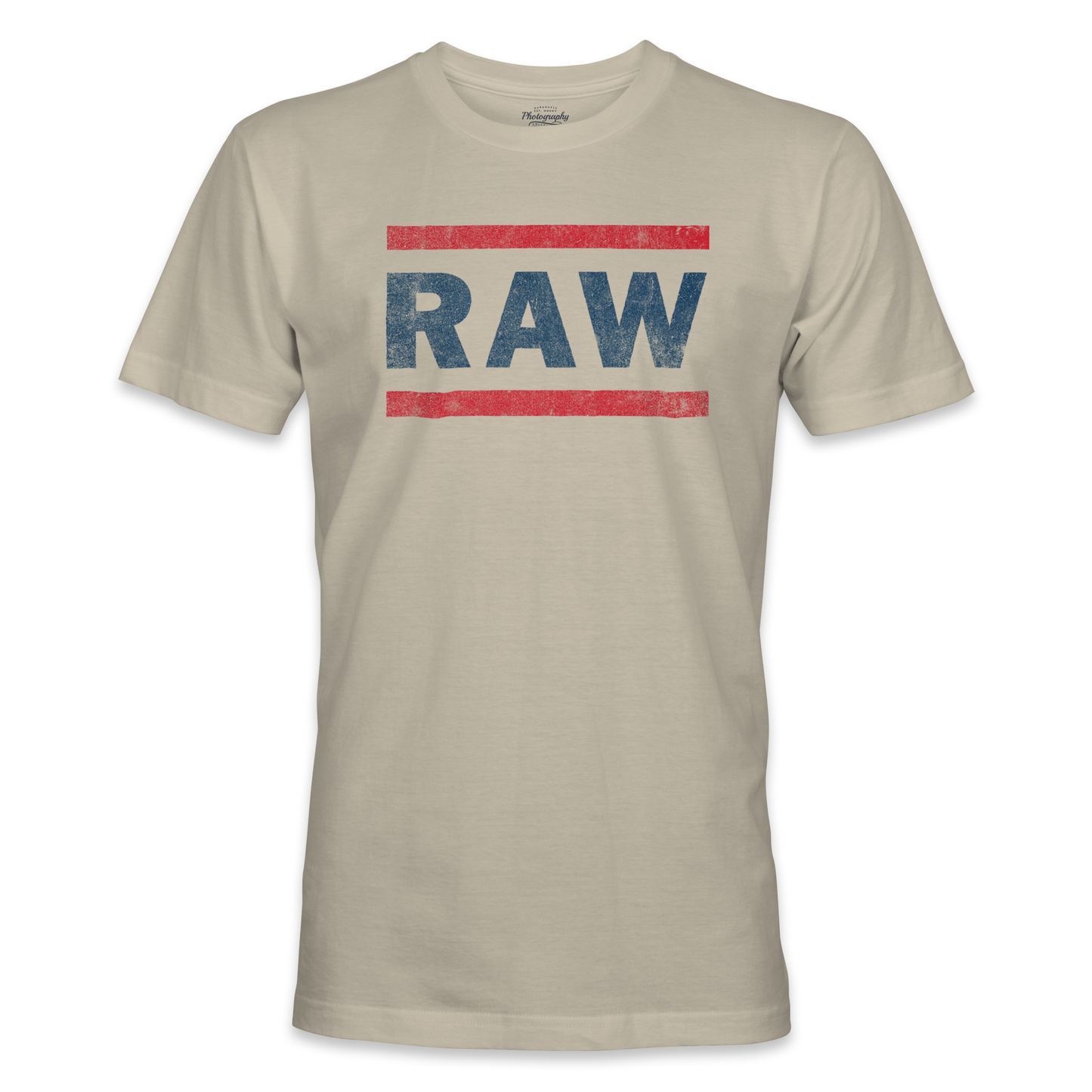 Sand t-shirt with 'RAW' printed in blue and red on a white background