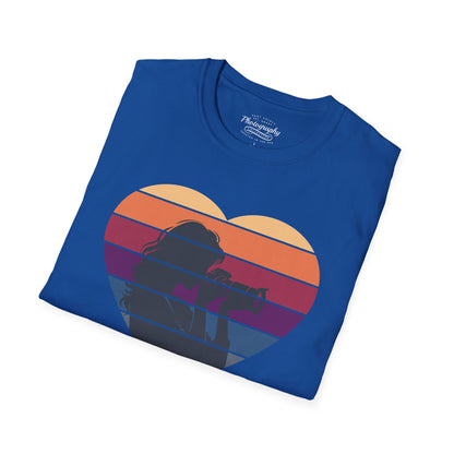 0044. Girl Photographer Silhouette Retro Sunset Heart Unisex T-Shirt
