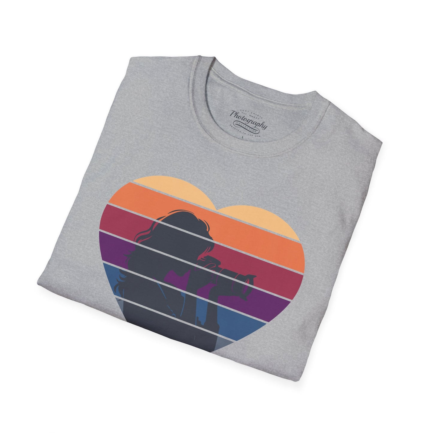 0044. Girl Photographer Silhouette Retro Sunset Heart Unisex T-Shirt