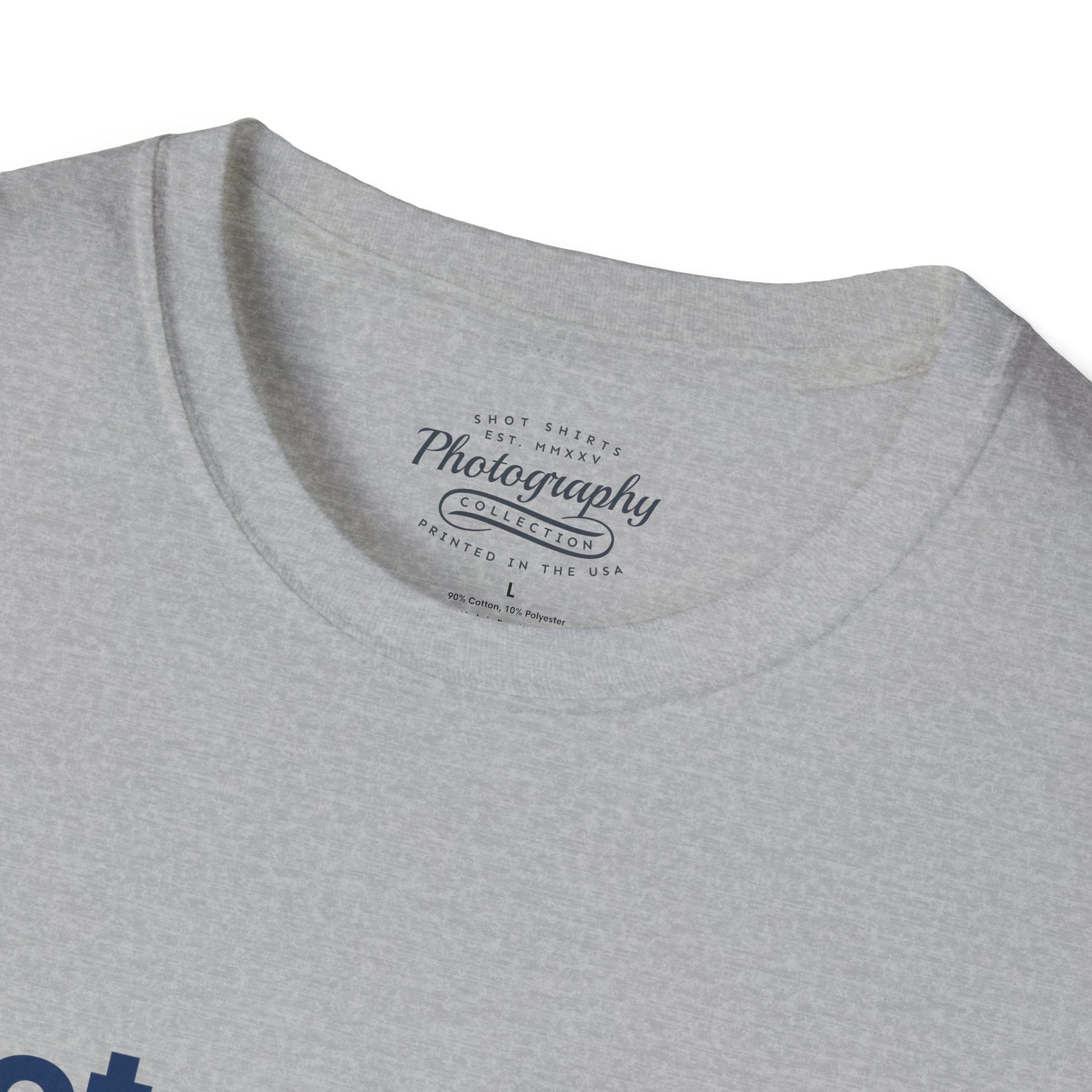 Gray t-shirt with 'Photography Collection' label on a white background