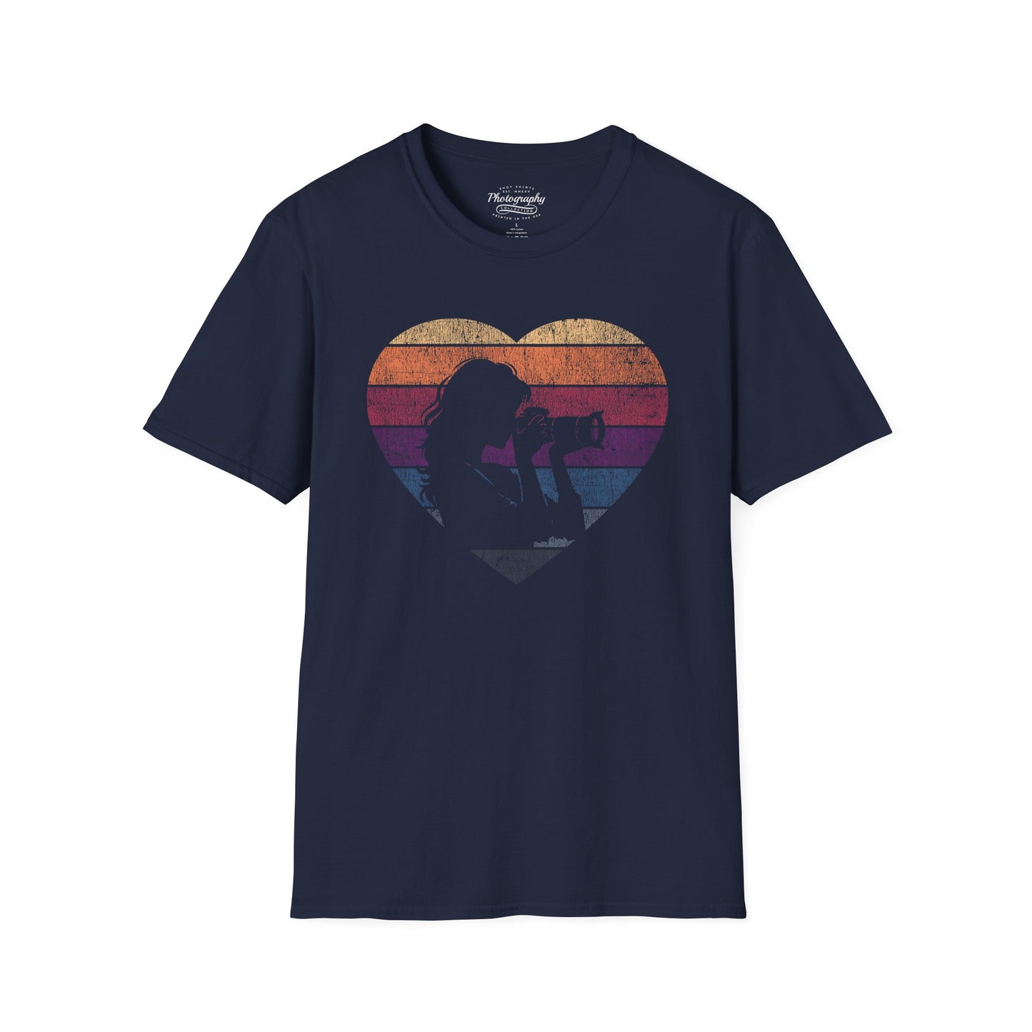 0044. Girl Photographer Silhouette Retro Sunset Heart Unisex T-Shirt