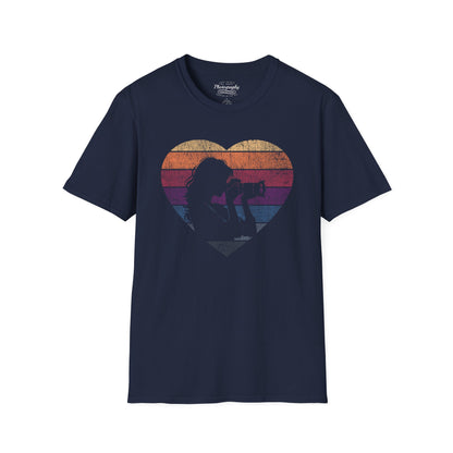 0044. Girl Photographer Silhouette Retro Sunset Heart Unisex T-Shirt