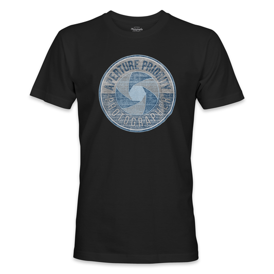 Black t-shirt with a blue and gray graphic design on a white background