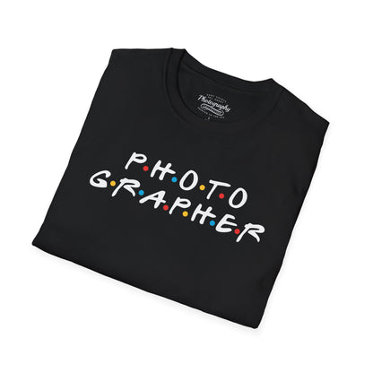 Black t-shirt with 'PHOTOGRAPHER' text on a white background