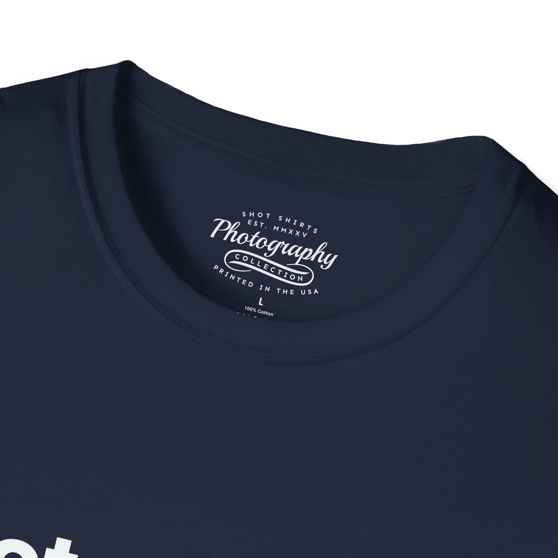 Navy blue t-shirt with a white label on the collar