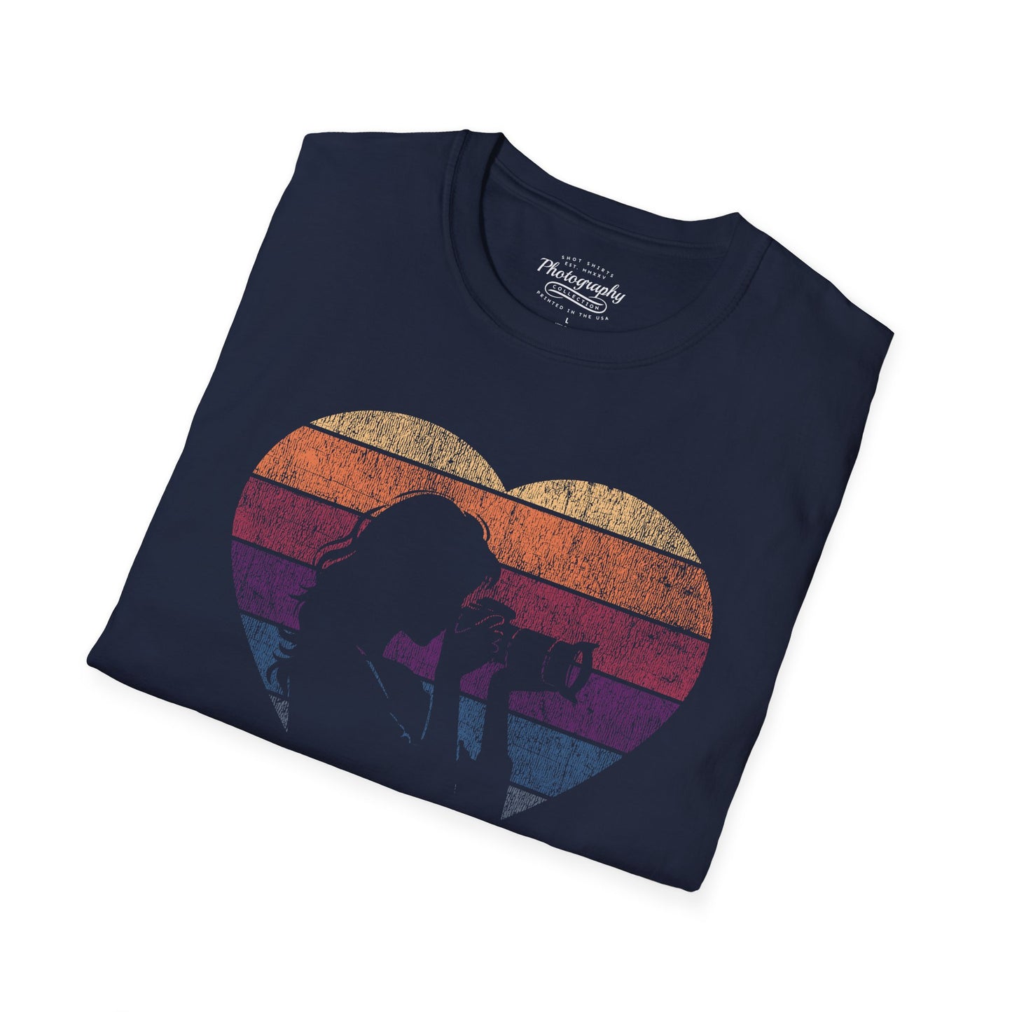 0044. Girl Photographer Silhouette Retro Sunset Heart Unisex T-Shirt