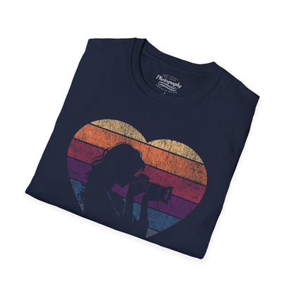 0044. Girl Photographer Silhouette Retro Sunset Heart Unisex T-Shirt