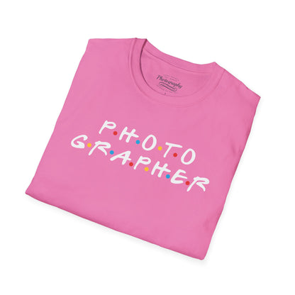 Pink t-shirt with 'PHOTOGRAPHER' text on a white background