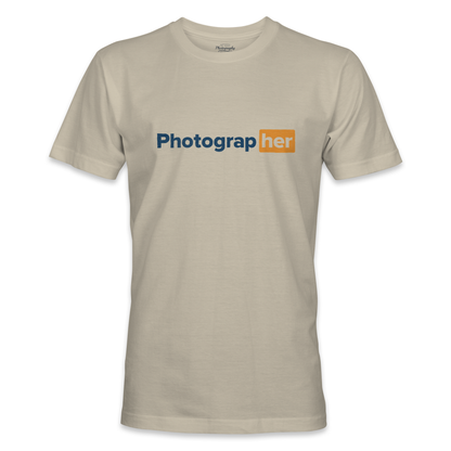 Sand t-shirt with 'Photograph her' text on a white background