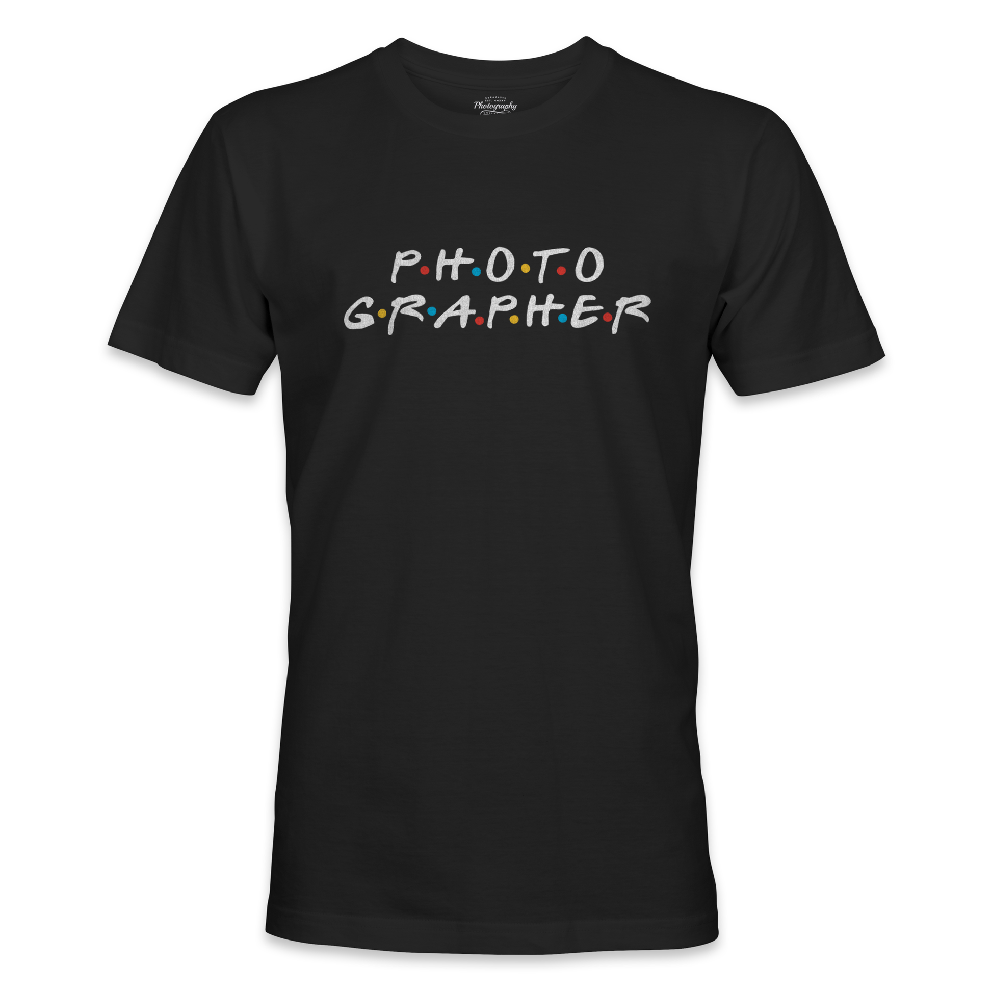 Black t-shirt with 'PHOTOGRAPHER' text in colorful letters on a white background
