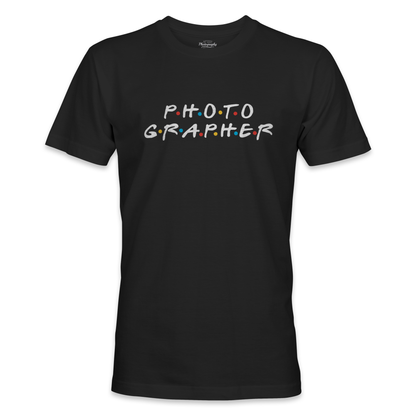 Black t-shirt with 'PHOTOGRAPHER' text in colorful letters on a white background