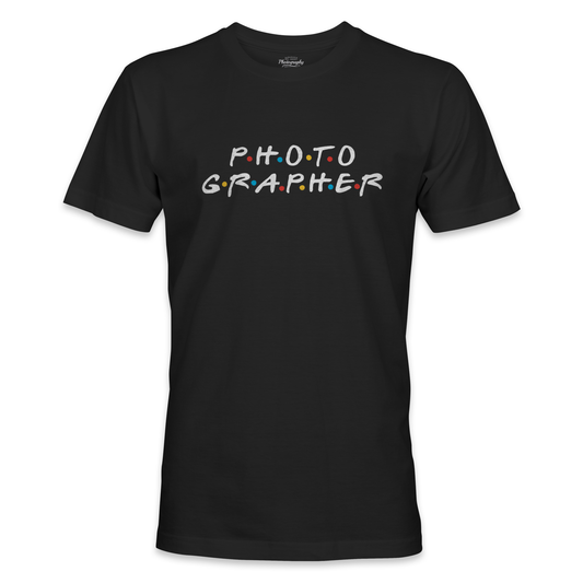 Black t-shirt with 'PHOTOGRAPHER' text in colorful letters on a white background