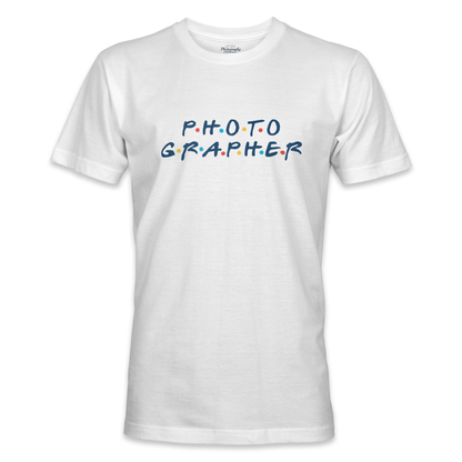 White t-shirt with 'PHOTOGRAPHER' text in colorful letters on a white background