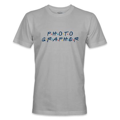 Gray t-shirt with 'PHOTOGRAPHER' text in colorful letters on a white background