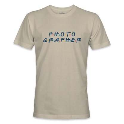 Beige t-shirt with 'PHOTOGRAPHER' text in colorful letters on a white background