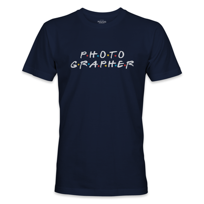 Navy blue t-shirt with 'PHOTOGRAPHER' text in colorful letters on a white background