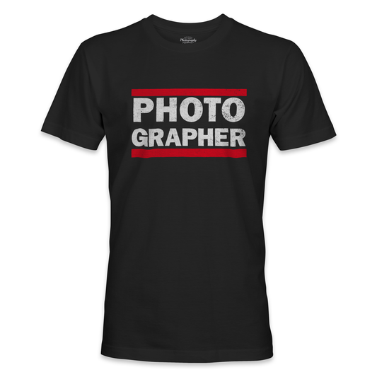 Black t-shirt with 'PHOTOGRAPHER' text in white and red on a white background